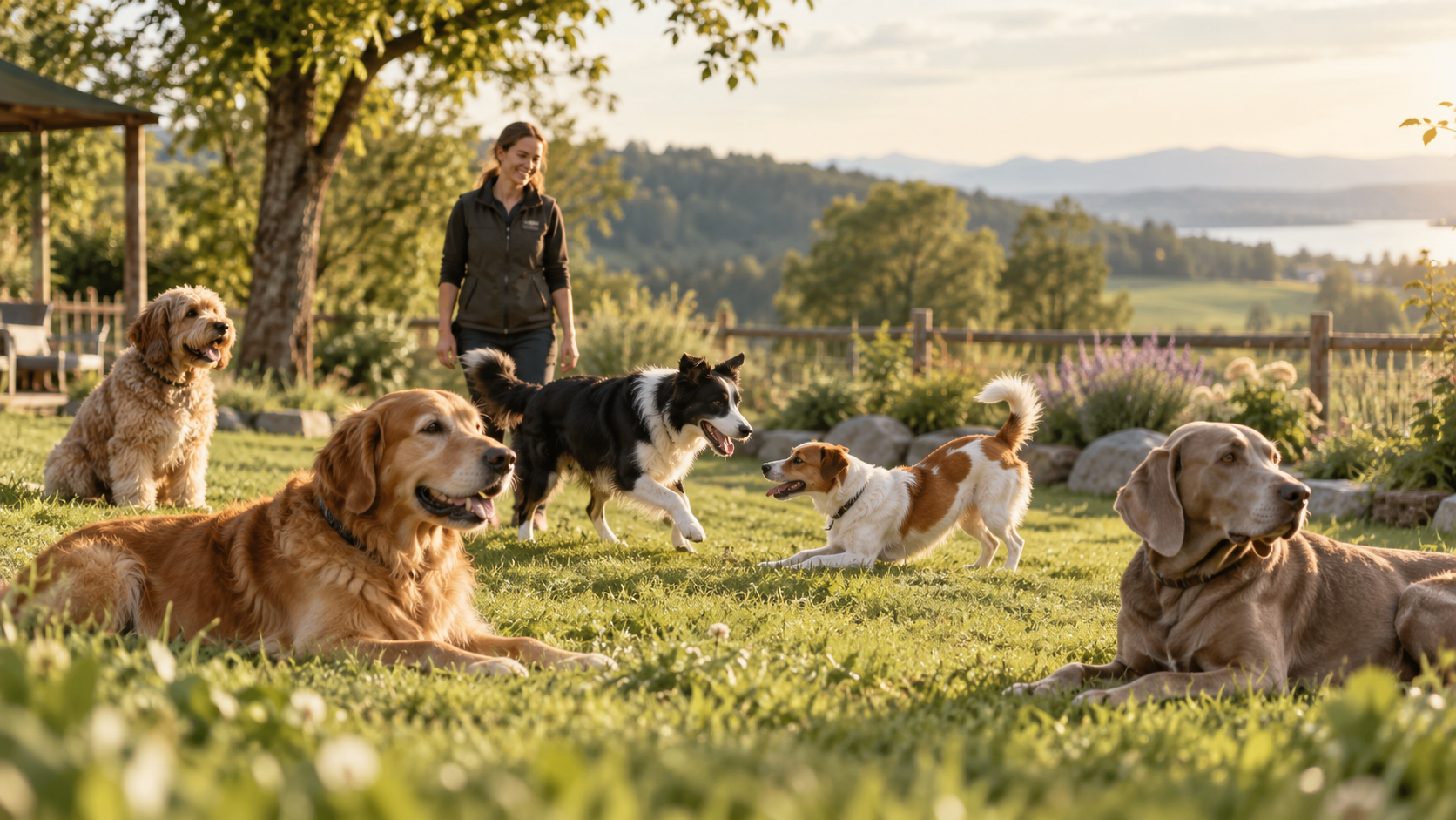 Mehrere Hunde in einer betreuten Gruppe auf einer Wiese