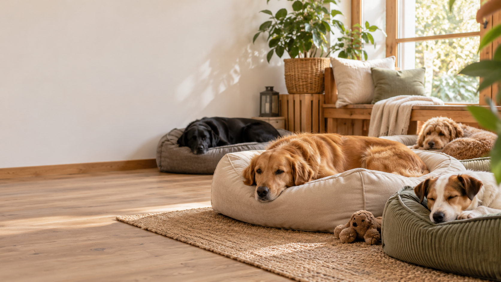 Mehrere Hunde ruhen entspannt in einem hellen Innenbereich