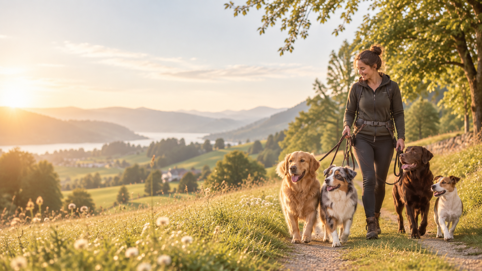 Betreuerin bei einem Spaziergang mit mehreren Hunden