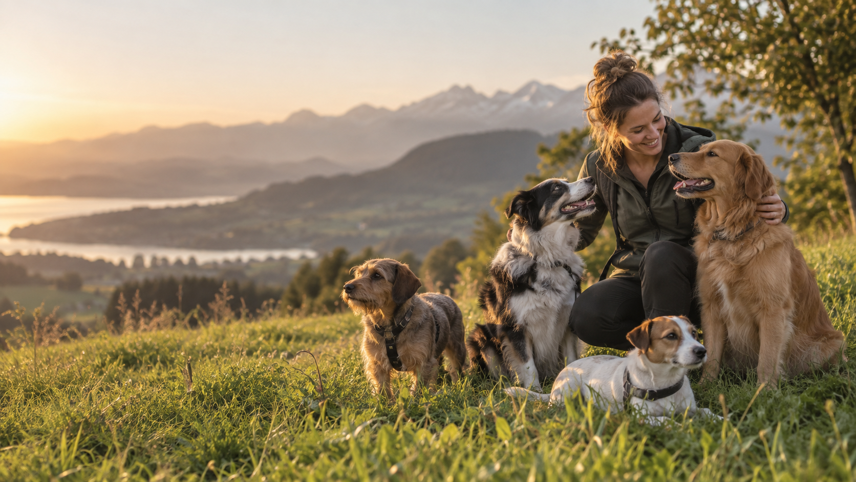 Betreuerin mit mehreren Hunden auf einer Wiese